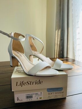 Life Stride White Ankle Strap Block Heel Sandals